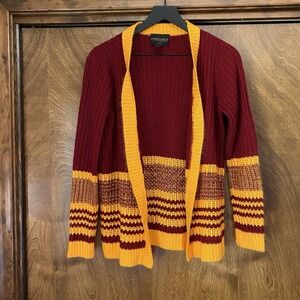 Maroon Gold Crochet Women's Medium Open Long Sleeve Cardigan Made In USA Stripes
